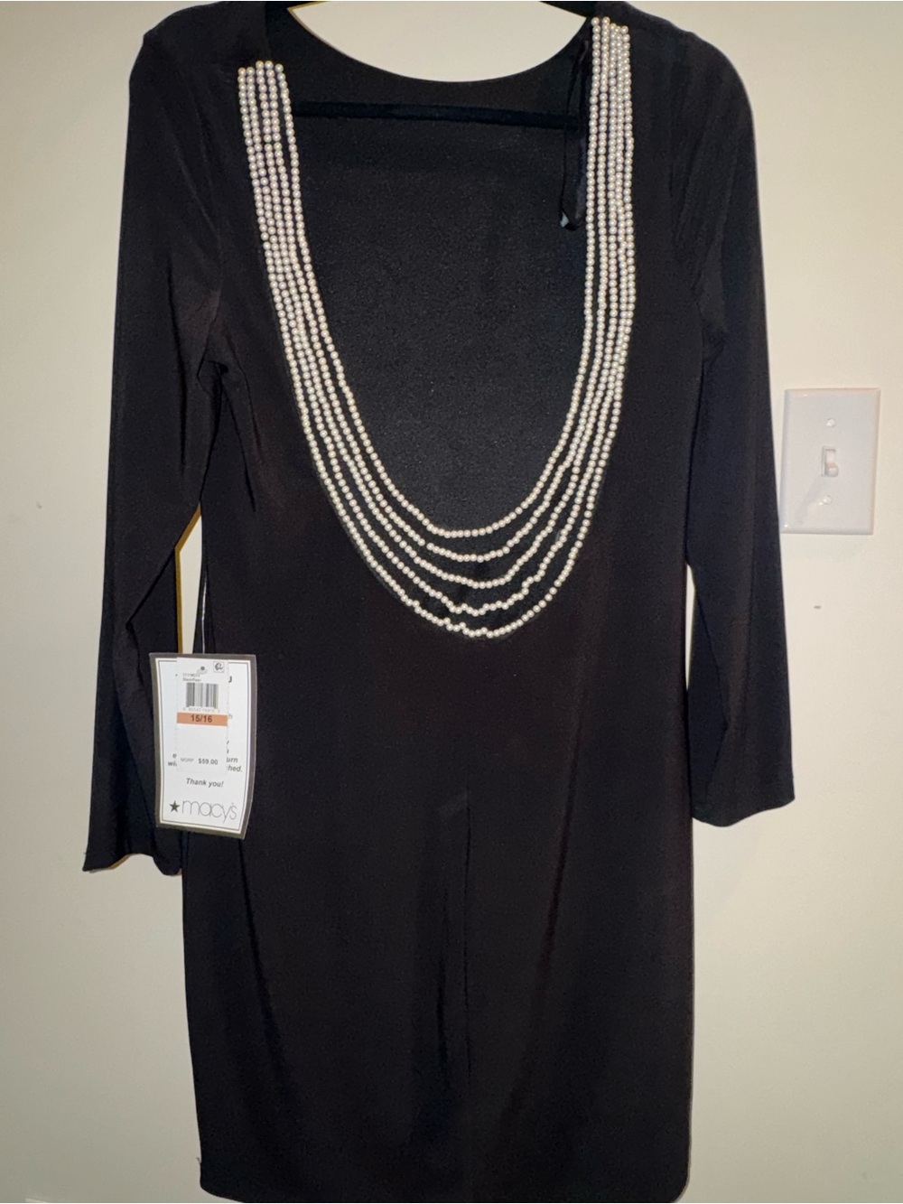 Macy's Black Long-Sleeve Dress with Multi-Strand Faux Pearl Neckline